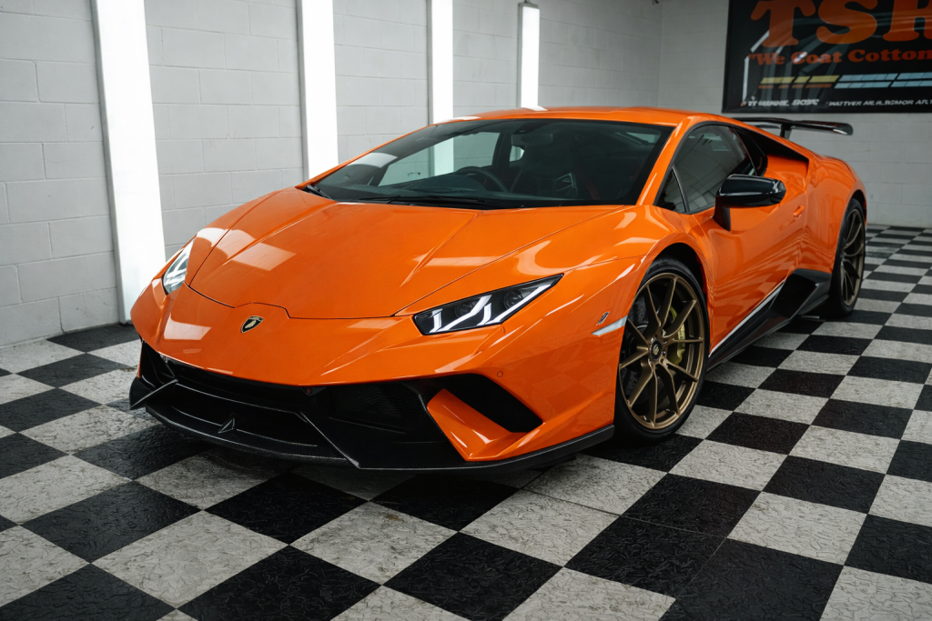 Lamborghini receiving professional ceramic coating service in Rockhampton by Top Shelf Detailing